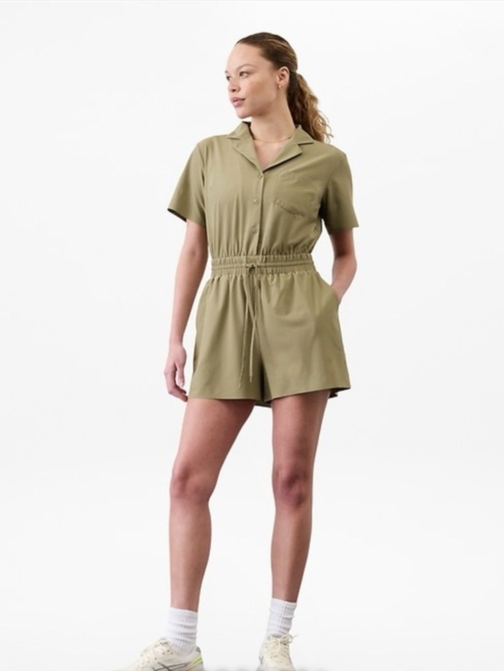 Athleta Olive Green Romper with Button Front Size Large
